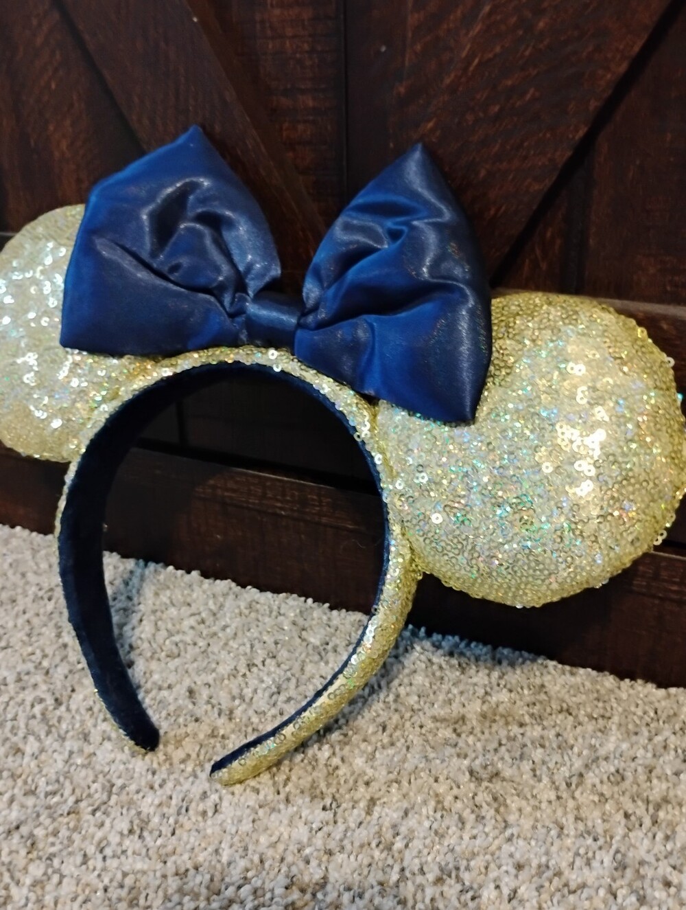 Walt Disney World 50th Anniversary Sequined Gold With Blue Bow Ears Headband